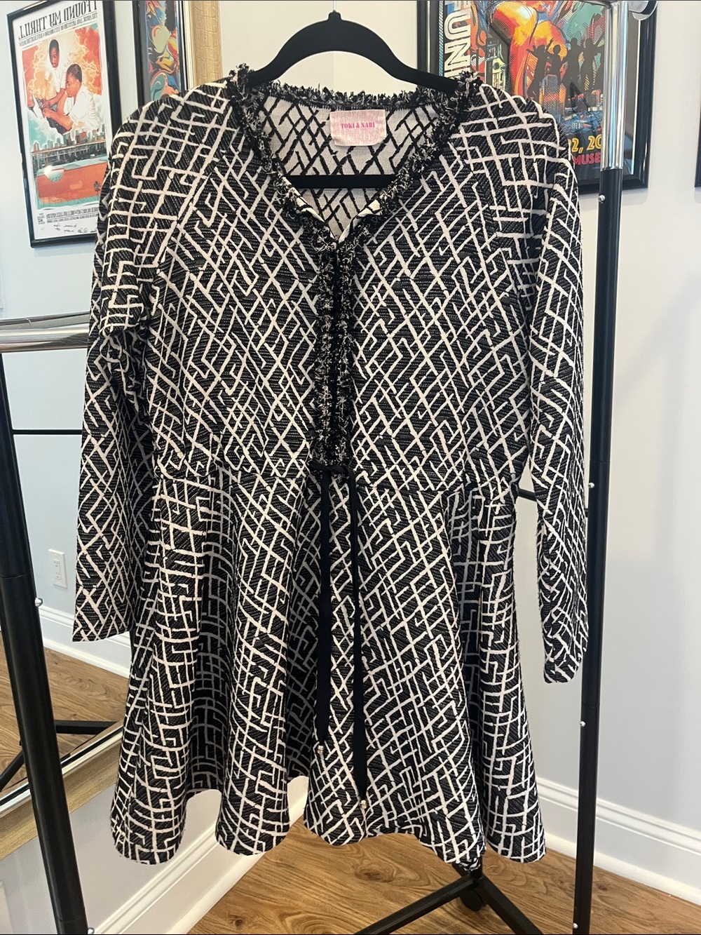 Black and White Patterned Long Sleeve Mini Dress